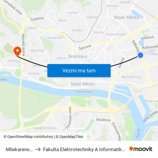 Mliekarenská to Fakulta Elektrotechniky A Informatiky Stu map