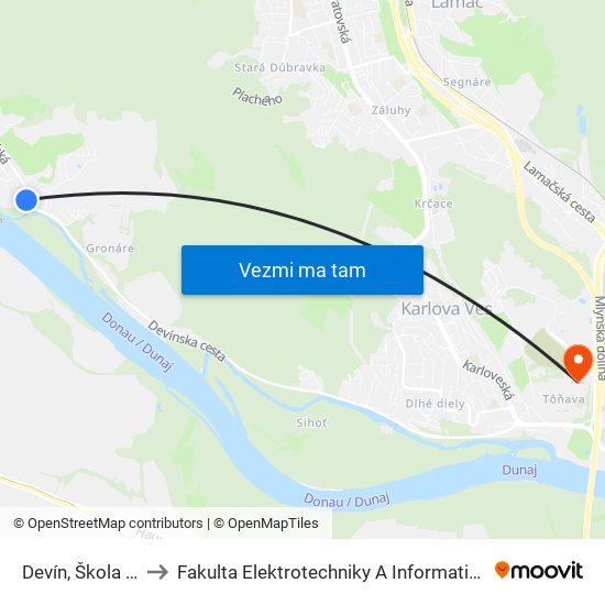 Devín, Škola (X) to Fakulta Elektrotechniky A Informatiky Stu map