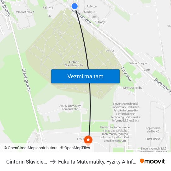 Cintorín Slávičie Údolie to Fakulta Matematiky, Fyziky A Informatiky Uk map