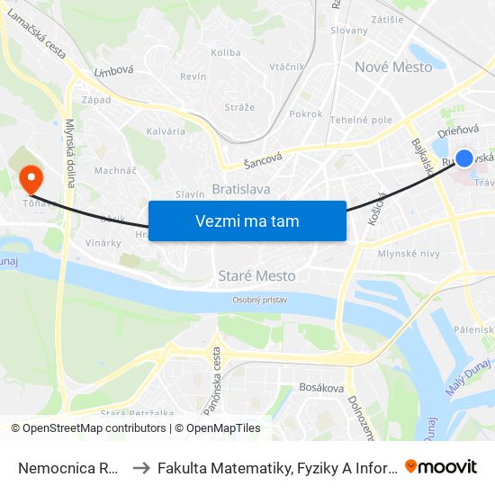 Nemocnica Ružinov to Fakulta Matematiky, Fyziky A Informatiky Uk map