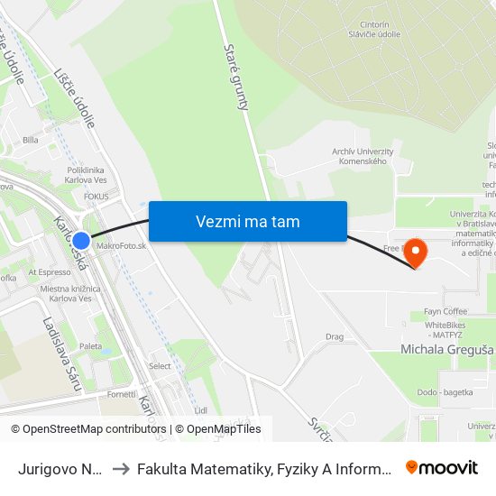 Jurigovo Nám. to Fakulta Matematiky, Fyziky A Informatiky Uk map