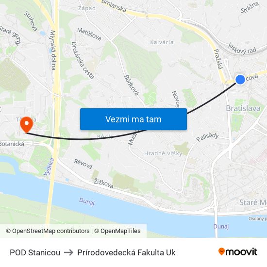 POD Stanicou to Prírodovedecká Fakulta Uk map