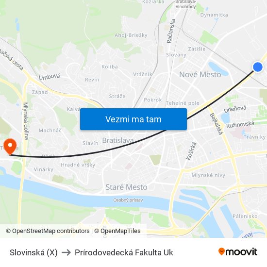 Slovinská (X) to Prírodovedecká Fakulta Uk map