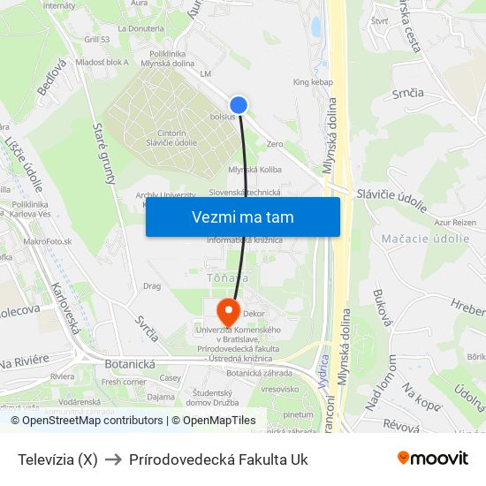 Televízia (X) to Prírodovedecká Fakulta Uk map