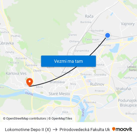 Lokomotívne Depo II (X) to Prírodovedecká Fakulta Uk map