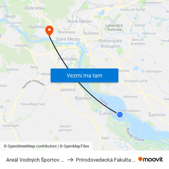 Areál Vodných Športov (X) to Prírodovedecká Fakulta Uk map