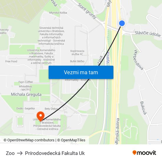 Zoo to Prírodovedecká Fakulta Uk map