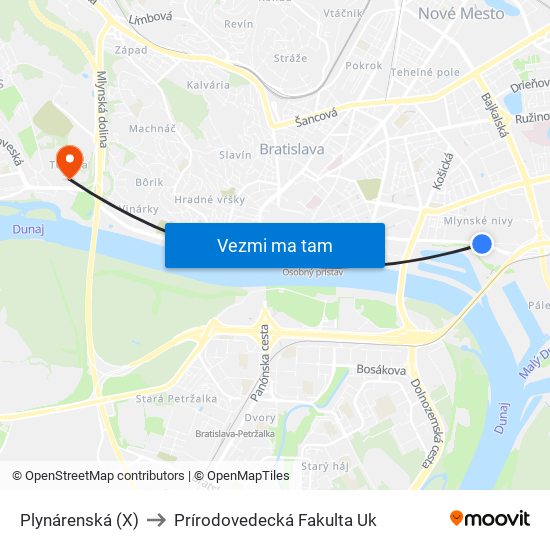 Plynárenská (X) to Prírodovedecká Fakulta Uk map
