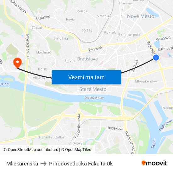 Mliekarenská to Prírodovedecká Fakulta Uk map