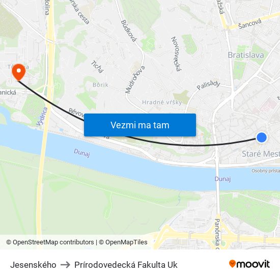 Jesenského to Prírodovedecká Fakulta Uk map