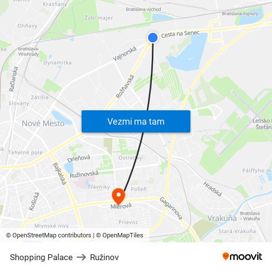 Shopping Palace to Ružinov map