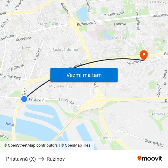Prístavná (X) to Ružinov map