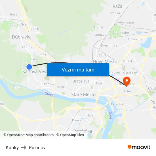 Kútiky to Ružinov map