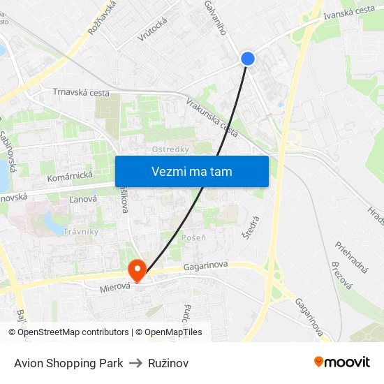 Avion Shopping Park to Ružinov map