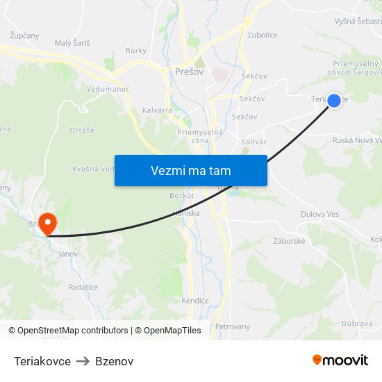 Teriakovce to Bzenov map