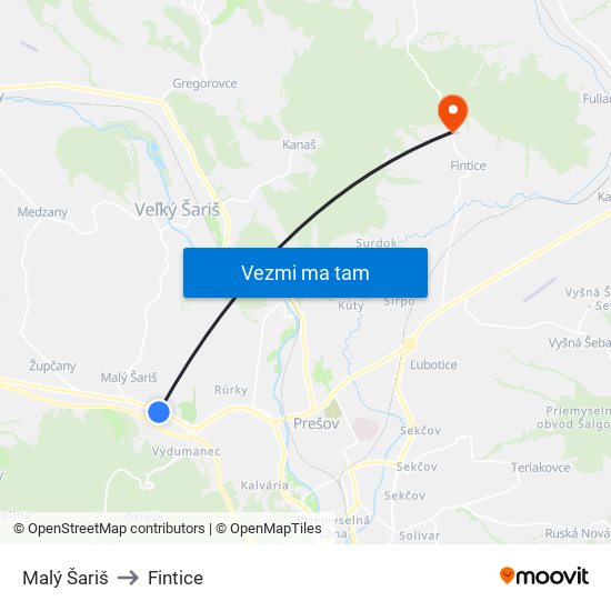 Malý Šariš to Fintice map