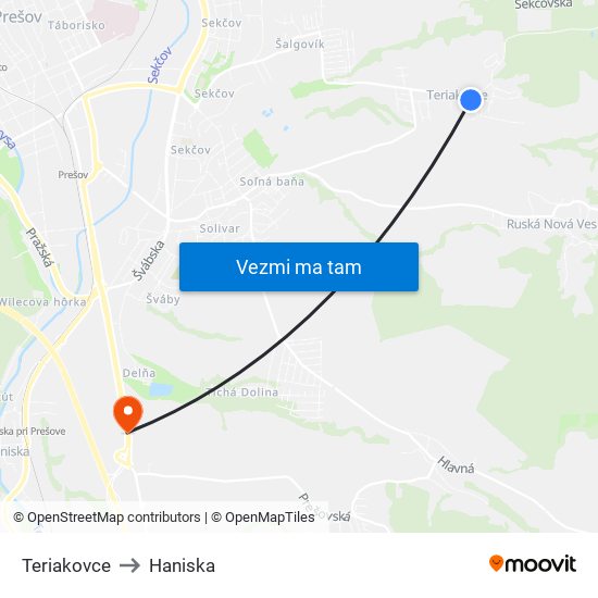 Teriakovce to Haniska map