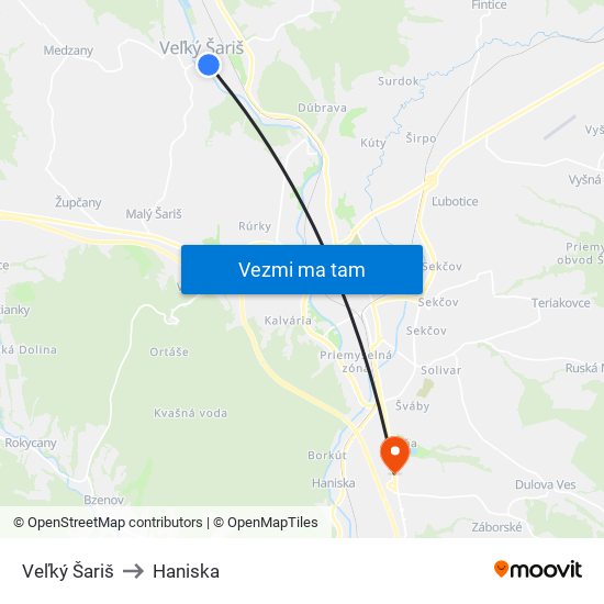 Veľký Šariš to Haniska map