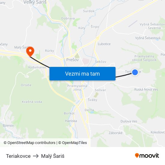 Teriakovce to Malý Šariš map