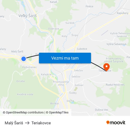 Malý Šariš to Teriakovce map