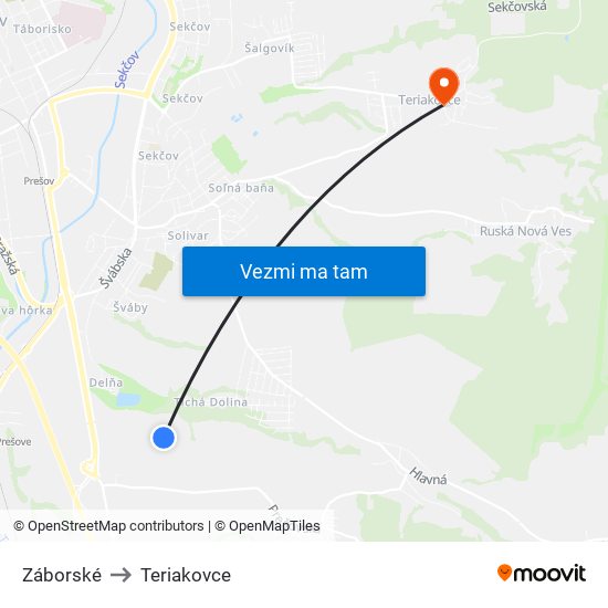 Záborské to Teriakovce map