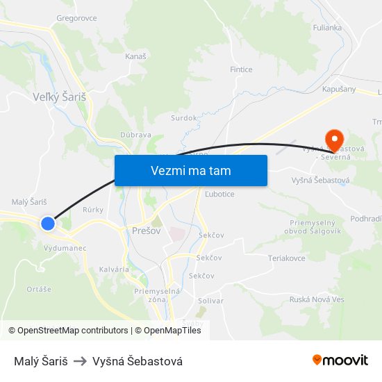 Malý Šariš to Vyšná Šebastová map