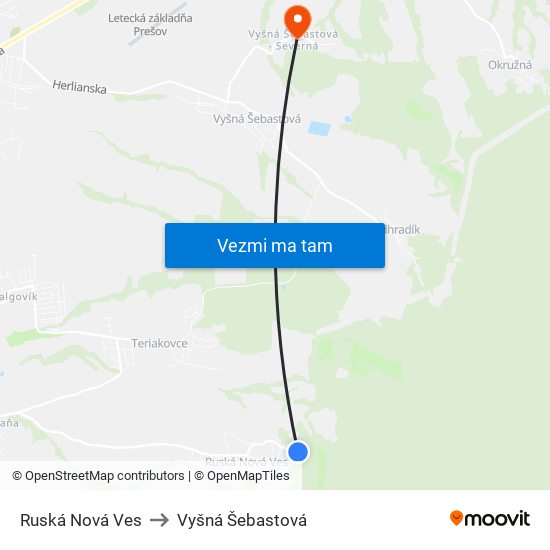 Ruská Nová Ves to Vyšná Šebastová map