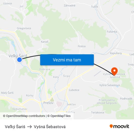 Veľký Šariš to Vyšná Šebastová map