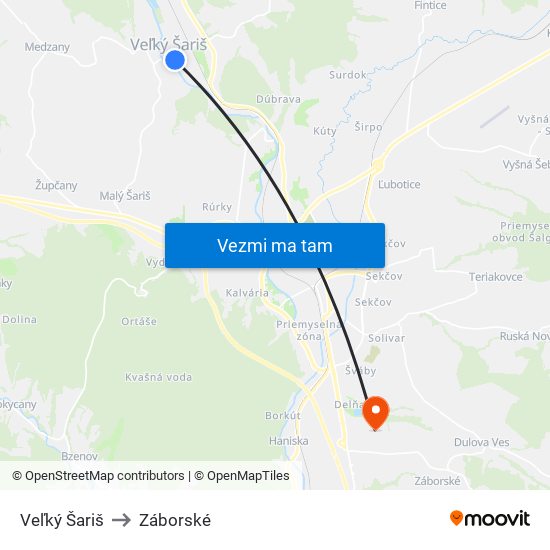 Veľký Šariš to Záborské map