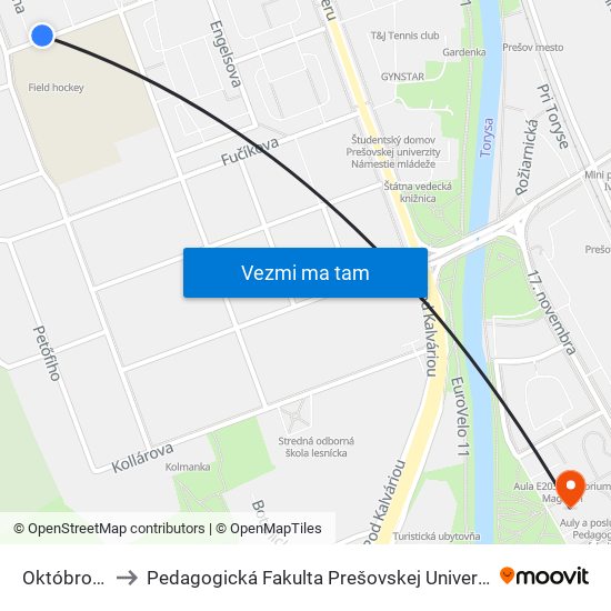 Októbrová to Pedagogická Fakulta Prešovskej Univerzity map