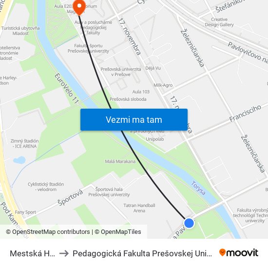 Mestská Hala to Pedagogická Fakulta Prešovskej Univerzity map