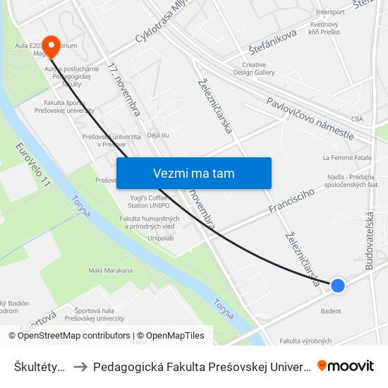 Škultétyho to Pedagogická Fakulta Prešovskej Univerzity map