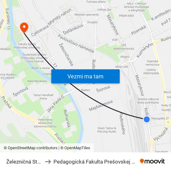 Železničná Stanica to Pedagogická Fakulta Prešovskej Univerzity map