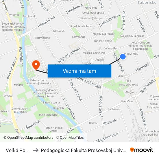 Veľká Pošta to Pedagogická Fakulta Prešovskej Univerzity map