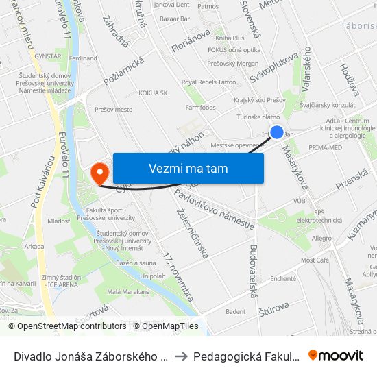 Divadlo Jonáša Záborského (Veľká Pošta - Smer Veľký Šariš) to Pedagogická Fakulta Prešovskej Univerzity map