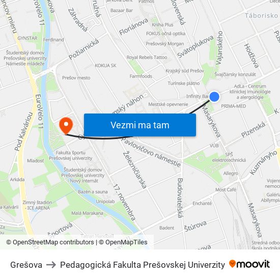 Grešova to Pedagogická Fakulta Prešovskej Univerzity map