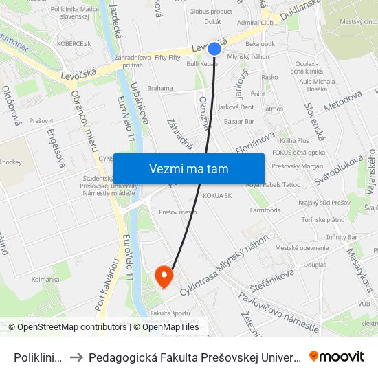 Poliklinika to Pedagogická Fakulta Prešovskej Univerzity map