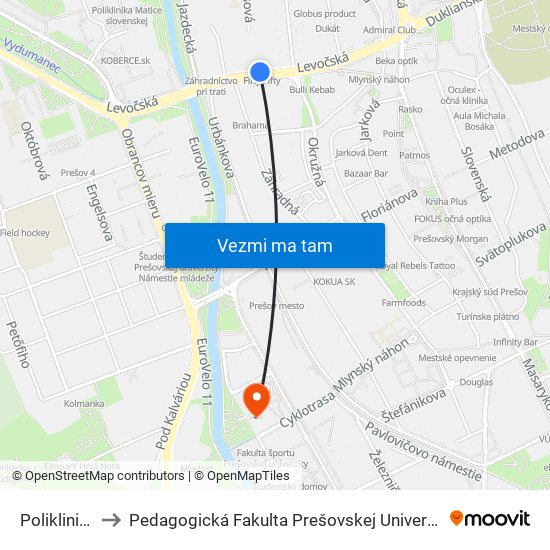 Poliklinika to Pedagogická Fakulta Prešovskej Univerzity map