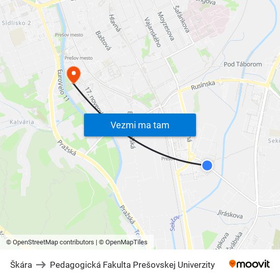 Škára to Pedagogická Fakulta Prešovskej Univerzity map