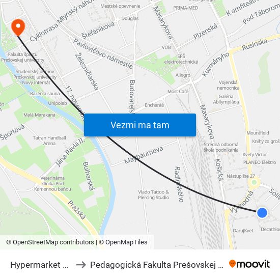 Hypermarket  Tesco to Pedagogická Fakulta Prešovskej Univerzity map