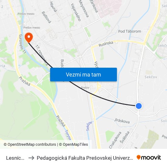 Lesnícka to Pedagogická Fakulta Prešovskej Univerzity map