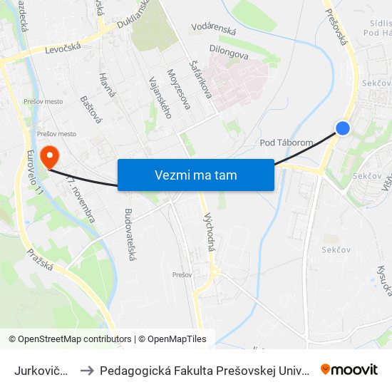Jurkovičova to Pedagogická Fakulta Prešovskej Univerzity map