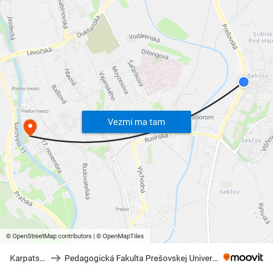 Karpatská to Pedagogická Fakulta Prešovskej Univerzity map