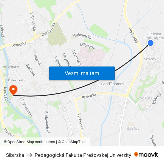 Sibírska to Pedagogická Fakulta Prešovskej Univerzity map