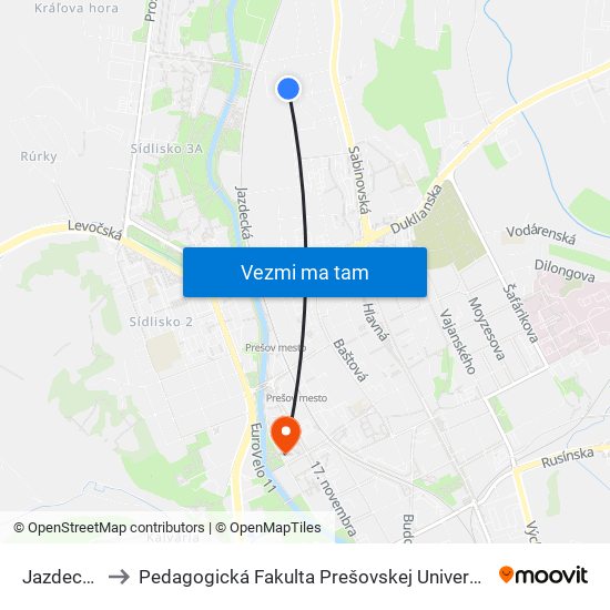 Jazdecká to Pedagogická Fakulta Prešovskej Univerzity map