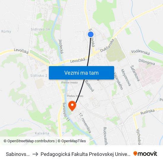 Sabinovská to Pedagogická Fakulta Prešovskej Univerzity map