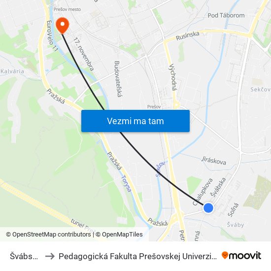 Švábska to Pedagogická Fakulta Prešovskej Univerzity map