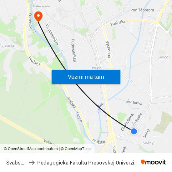 Švábska to Pedagogická Fakulta Prešovskej Univerzity map