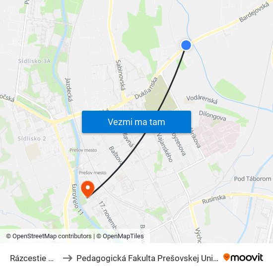 Rázcestie Kúty to Pedagogická Fakulta Prešovskej Univerzity map