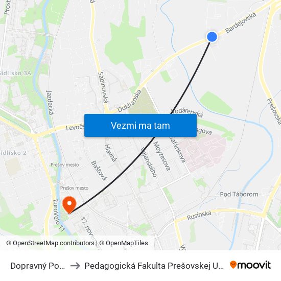 Dopravný Podnik to Pedagogická Fakulta Prešovskej Univerzity map